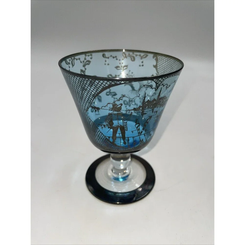 Cobalt Blue 6 wine cocktail stems inlaid sterling man in Asian scene flowers 4”